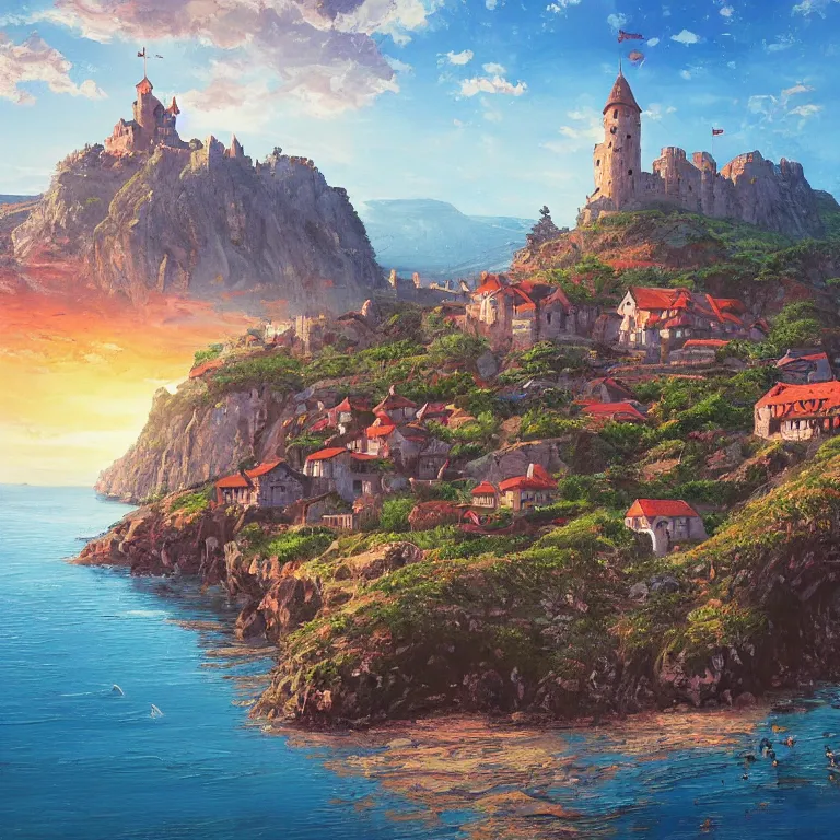 Prompt: a beautiful painting of a medieval castle and bustling town floating on top of a giant rock next to a beach and a clear blue sea mountain range by alena aenami