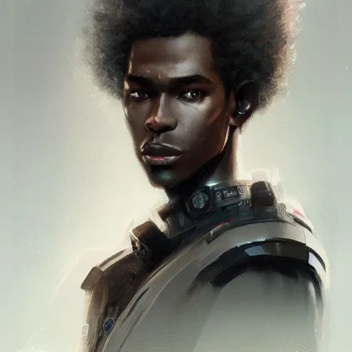 Image similar to portrait of a man by greg rutkowski, he is about 2 0 years old, afrojapanese, afro hair, young, very tall and slender, he is wearing a futuristic police gear, highly detailed portrait, digital painting, artstation, concept art, smooth, sharp foccus ilustration, artstation hq