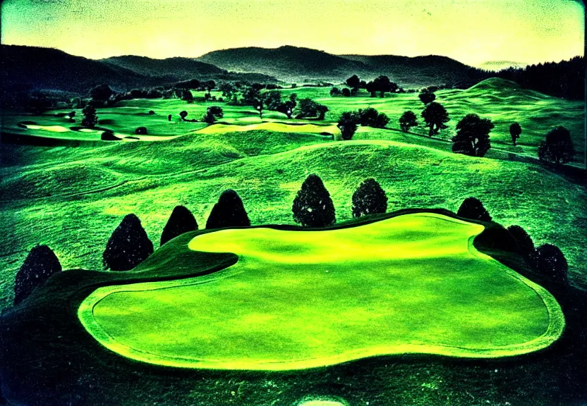 Image similar to double exposure, birds eye view of an infinite, endless perfect elysian dreamlike green hilly pastoral psychedelic golf course landscape with stone walls under stars consisting of memory trapped in eternal time, golden hour, dark sky, evening starlight, moonlight, stone walls, haunted vintage spangled psychedelic Polaroid by Hiroshi Yoshida