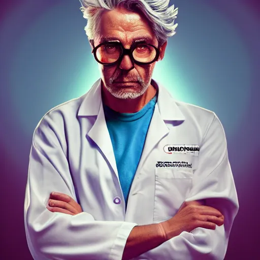 Image similar to portrait of older rick sanchez, lab coat and tee shirt, lens flare, atmosphere, glow, detailed, intricate, full of colour, cinematic lighting, trending on artstation, 4 k, hyperrealistic, focused, extreme details, unreal engine 5, cinematic, masterpiece