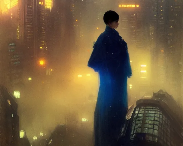 Image similar to 2 0 1 8 blade runner movie still girl look at the cityscape from roof perfect face fine realistic face pretty face neon puffy jacket blue futuristic sci - fi elegant by denis villeneuve tom anders zorn hans dragan bibin thoma greg rutkowski ismail inceoglu illustrated sand storm alphonse mucha