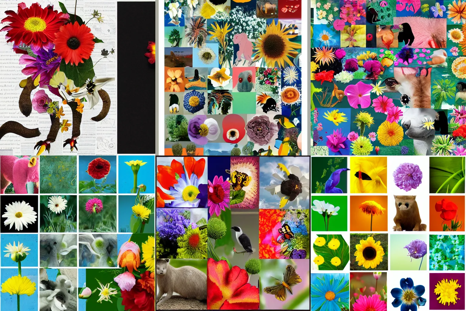 Prompt: animal shapes used to create a collage forming an image of a flower