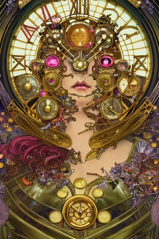 Image similar to detailed armour of multicolored jewels with gold bugs and beetles , huge mechanical clocks, gold plated vegetation, intricate details, realistic shaded , steampunk, cyberpunk, highly detailed, artstation, illustration by alphonse mucha and Greg Rutkowski, art nouveau