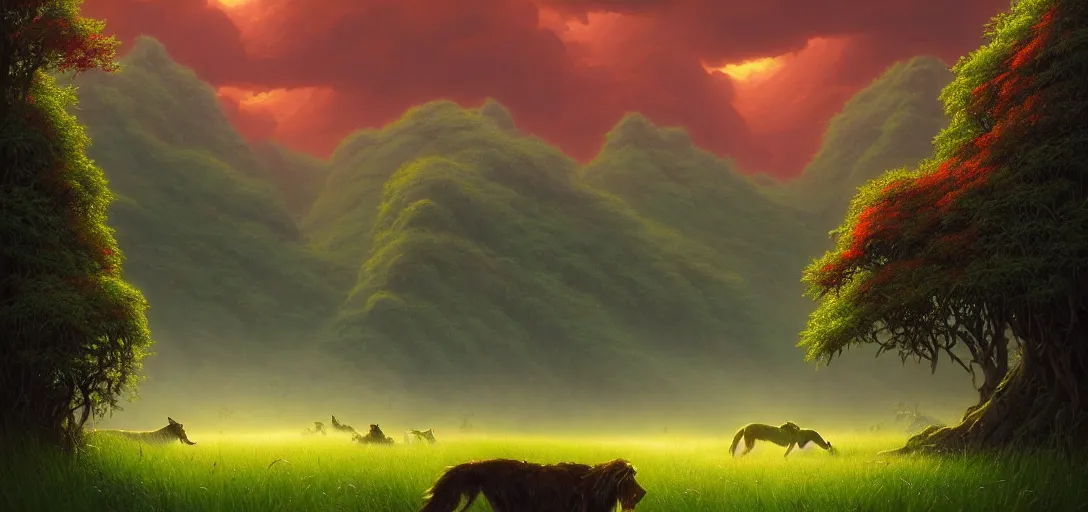 Prompt: breathtaking digital painting of epic large green hounds with shaggy green fur running through a lush valley of deep grass with a dramatic red sky, fantasy art by greg rutkowski, loish, rhads, ferdinand knab, makoto shinkai and lois van baarle, ilya kuvshinov, tom bagshaw, global illumination, radiant light