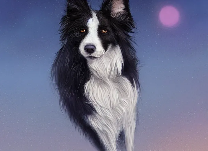 Image similar to wide angle beautiful full body portrait of a strong male anthropomorphic anthro border collie fursona in an evening gown on a pier at night, character design by charlie bowater, henry asencio, and ross tran, disney, detailed, sharp focus, matte, aesthetic, trending on artstation, furaffinity, deviantart