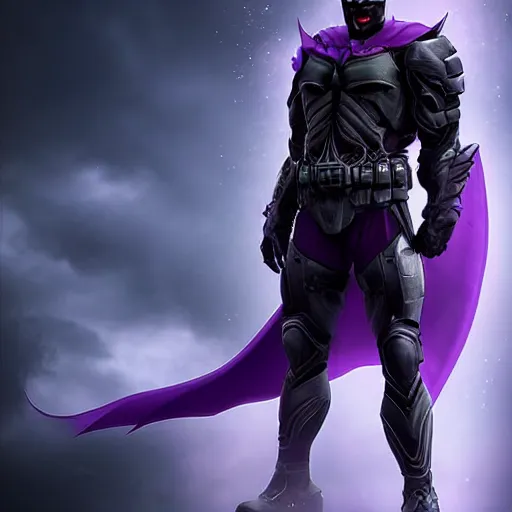 Image similar to character design, dark knight, purple lightning, purple mist, scary, photorealistic, unreal engine, ominous background-H 768