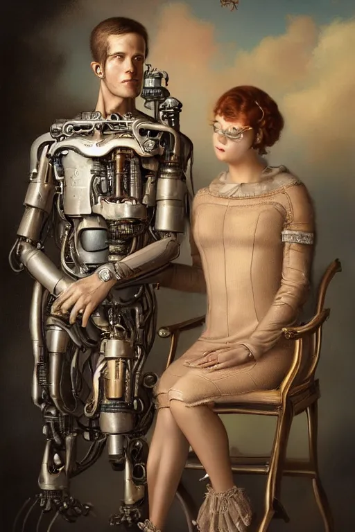 Image similar to a beautiful ultradetailed vintage couples portrait photo of old cyborg standing next to a cyborg sitting on a chair, by tom bagshaw and anna dittman, couples portrait, vignette, 35mm lens, golden ratio composition, detailed faces, studio photography, very detailed, humanoids, artstation, 8k, highly coherent