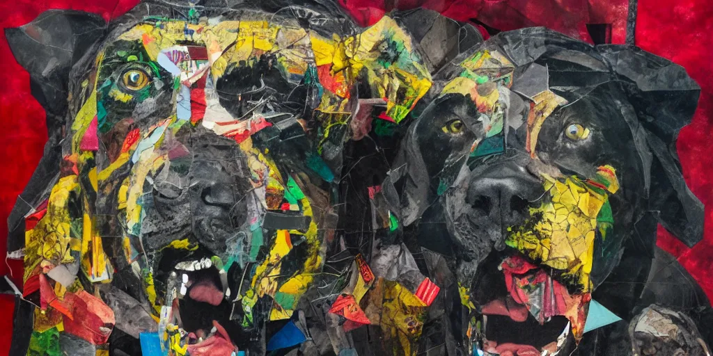 Prompt: mad dog on a chain, collage paper and tape, acrylic on canvas, hyperrealism mixed with expressionism, high resolution, cinematic, unreal 6 breathtaking detailed, by blake neubert and matt sesow