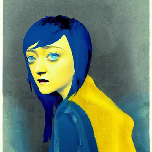 Prompt: Dakota Fanning with short blue hair wearing a yellow raincoat by Dave McKean