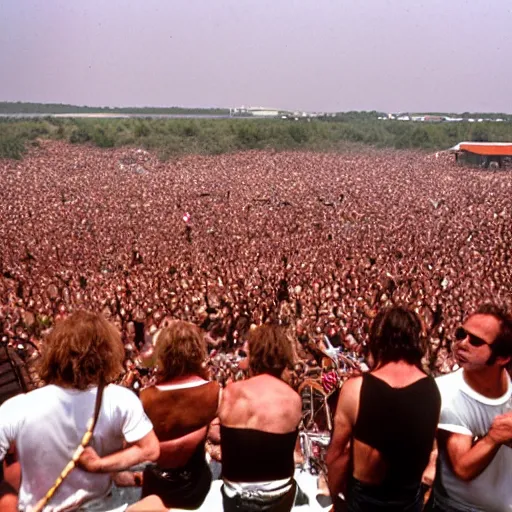 Prompt: the doors playing at Woodstock 99’ with a good view of the band and audience