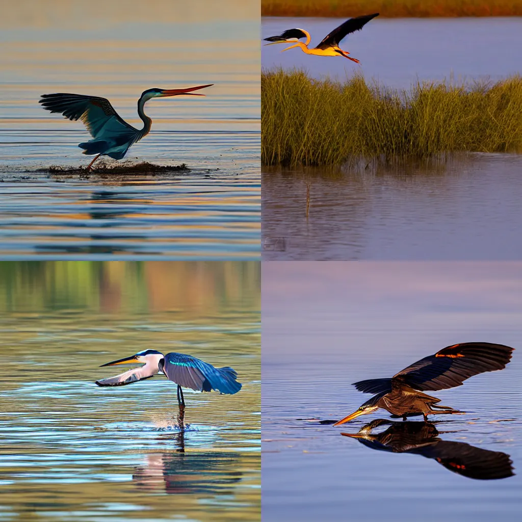 Prompt: photograph of a heron with the coloration of a black-backed dwarf kingfisher flying over a flooded field at sunset