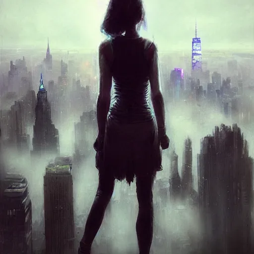 Image similar to “ girl standing on a roof looking down at a foggy futuristic new york city below, ghostpunk, cyberpunk, very detailed, by daniel gerhartz ”