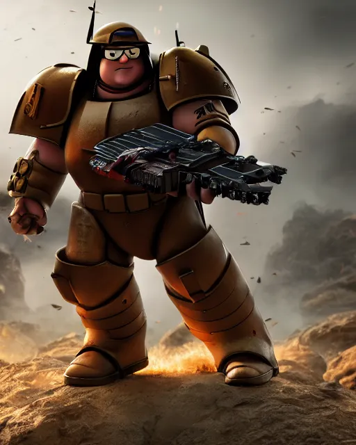 Image similar to peter griffin wearing warhammer space marine armor dynamic pose menacing cinematic shot atmospheric greebled high detail 4 k