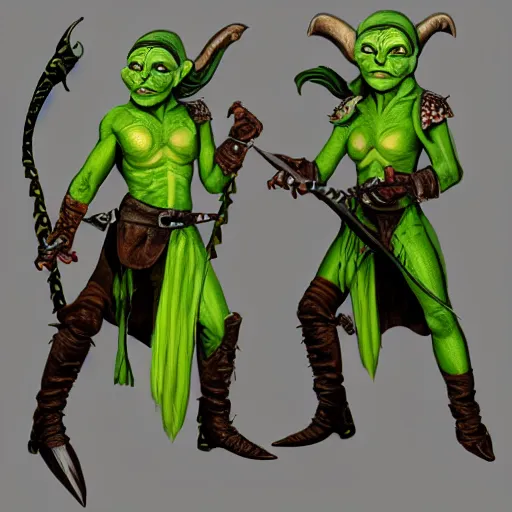 Image similar to character portrait of a wild - eyed green - skinned androgynous goblin pirate wielding daggers and wearing fully clothed leather armor. d & d. warhammer fantasy. digital painting. high detail.