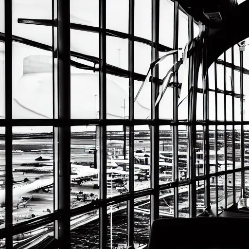 Image similar to inside of an aircraft control tower with windows looking out to an airport, black and white, comic book style, insanely detailed, very intricate, high contrast