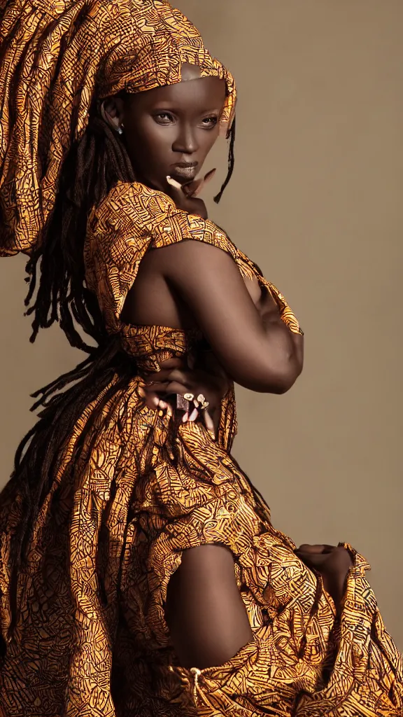 Image similar to character design, african woman, long billowing dress, realistic, photograph