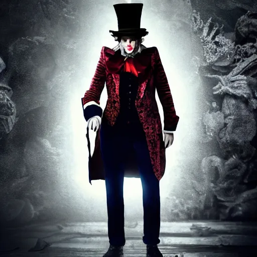 Image similar to full body pose, hyperrealistic photograph of the mad hatter, dim volumetric lighting, 8 k, octane beautifully detailed render, extremely hyper detailed, intricate, epic composition, cinematic lighting, masterpiece, trending on artstation, very very detailed, stunning, hdr, smooth, sharp focus, high resolution, award, winning photo, dslr, 5 0 mm