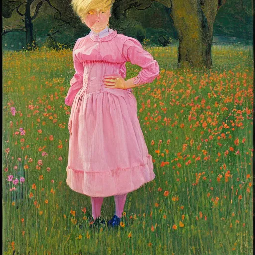 Image similar to A painting of a young girl with blonde hair, blue eyes, and a pink dress. She is standing in a meadow with flowers and trees. mac and cheese, fire, DayGlo pink by Paul Gustave Fischer, by Pieter Claesz, by Hope Gangloff