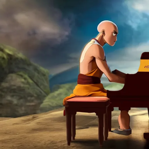 Image similar to Aang from Avatar the last airbender playing the piano, UHD, hyperrealistic render, 4k, highly detailed