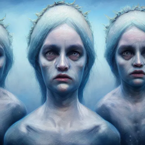 Image similar to a three headed sea hag, extremely detailed oil portrait, digital art, oil painting, cold blue tones, unreal 5 render, digital art, octane render, beautiful composition, trending on artstation, award winning photograph, masterpiece