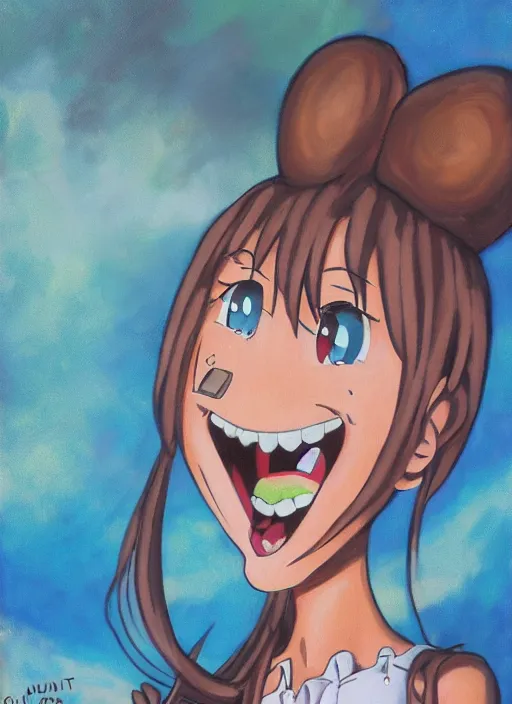 Prompt: an oil panting of a anime girl caricature with a big dumb grin featured on Nickelodeon by Quentin Matsys