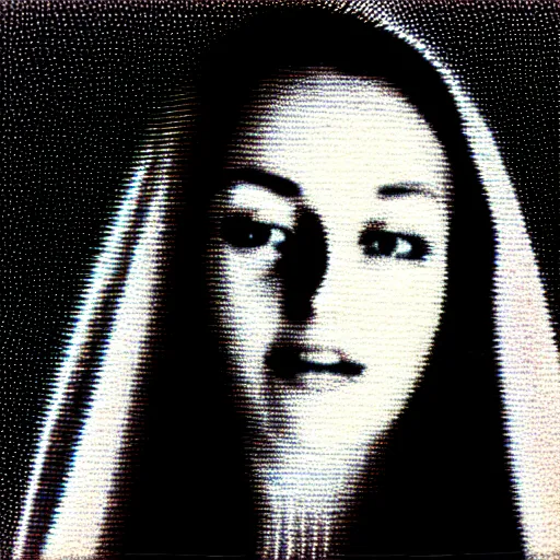 Image similar to vhs static overlay of marian apparition, vhs, 1 9 9 0, highly realistic, highly detailed, vhs noise static, black and white, vhs glitch