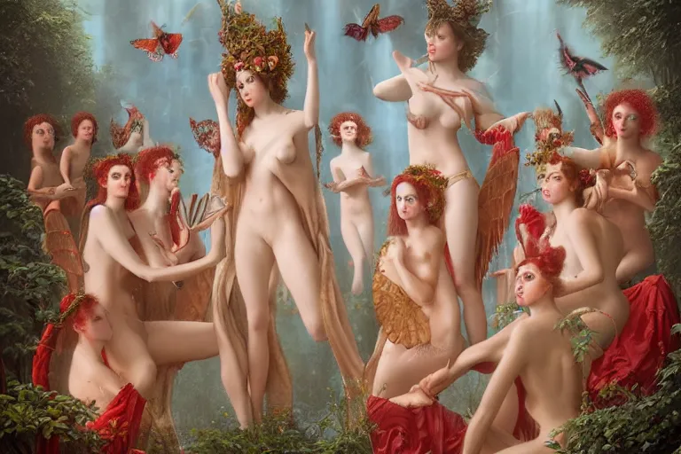 Prompt: the goddess of red solo cups surrounded by a court of nymphs, by tom bagshaw peter kemp