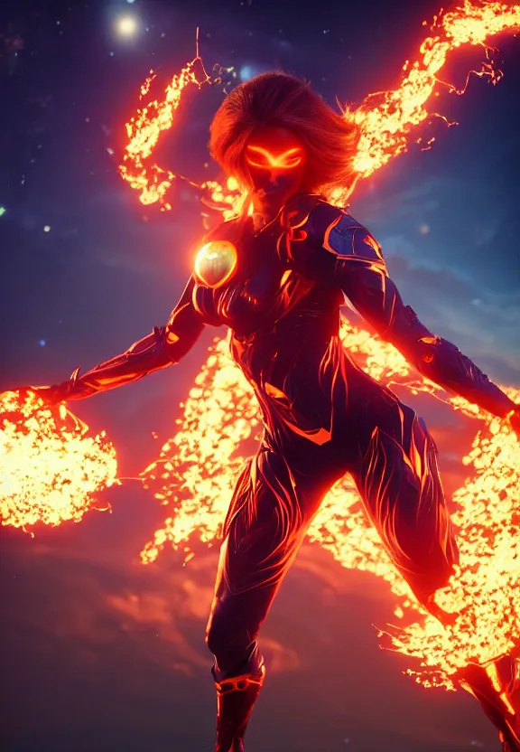 Image similar to vfx, octane render, zbrush, beautiful woman wearing spandex armour with flowing fire hair and glowing eyes, super hero full body action pose casting a fireball in space, volumetric lightning, highly detailed, UE5 render, art station, center of picture.