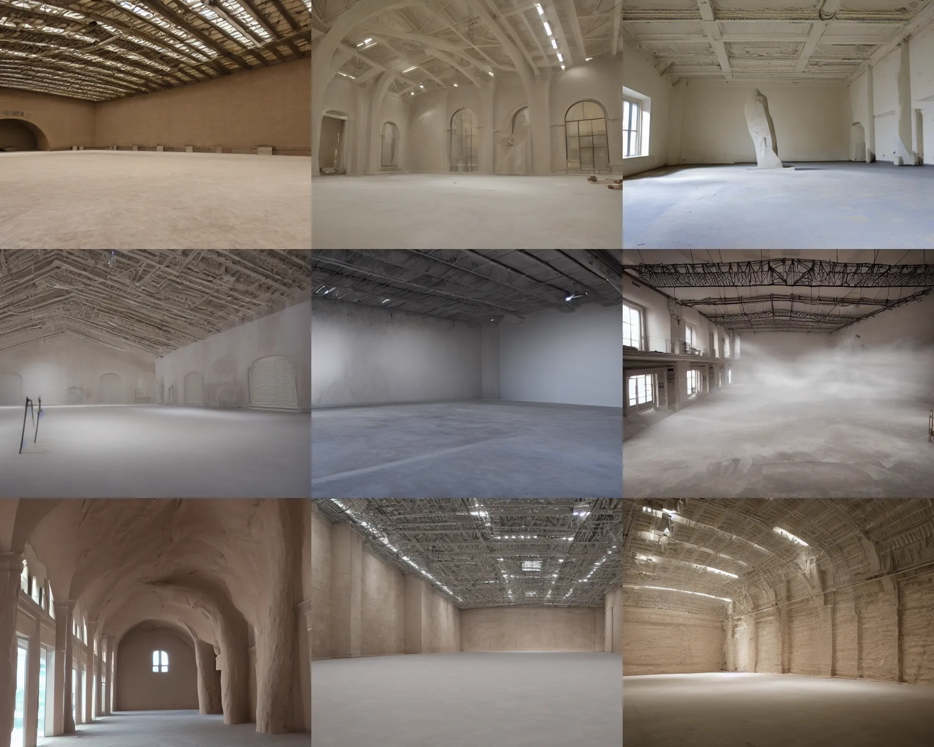 Prompt: city sized clay sculpture in a huge room, subtle mist