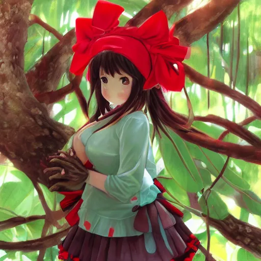 Prompt: a wlop of reimu in the jungle wearing bonnet