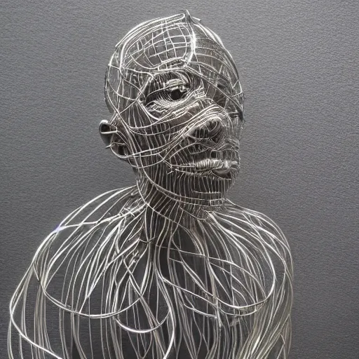 Image similar to realistic silver metal detailed wire sculpture of the human consciousness