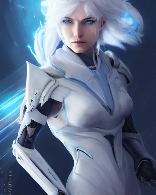 Image similar to perfect white haired girl, warframe armor, beautiful, pretty face, blue eyes, detailed, windy weather, scifi, platform, laboratory, experiment, 4 k, ultra realistic, epic lighting, high detail, masterpiece, by akihito tsukushi, charlie bowater, ross tran