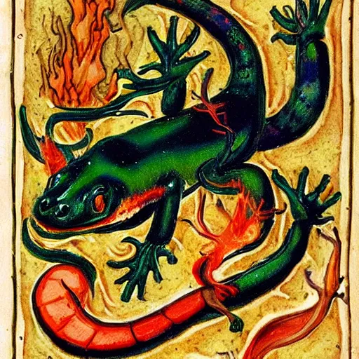 Prompt: salamander on fire in the style of a grotesque of an illuminated manuscript