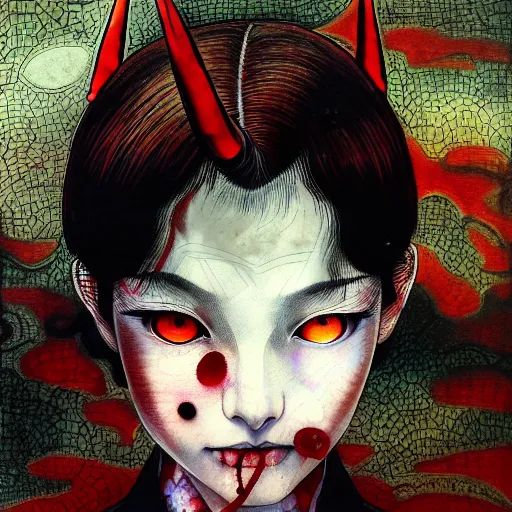 Prompt: yoshitaka amano blurred and dreamy realistic three quarter angle horror portrait of a sinister young woman with short hair, horns and red eyes wearing office suit with tie, junji ito abstract patterns in the background, satoshi kon anime, noisy film grain effect, highly detailed, renaissance oil painting, weird portrait angle, blurred lost edges