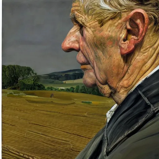 Image similar to high quality high detail painting by lucian freud, hd, farmer looking at the distance with despair, photorealistic lighting