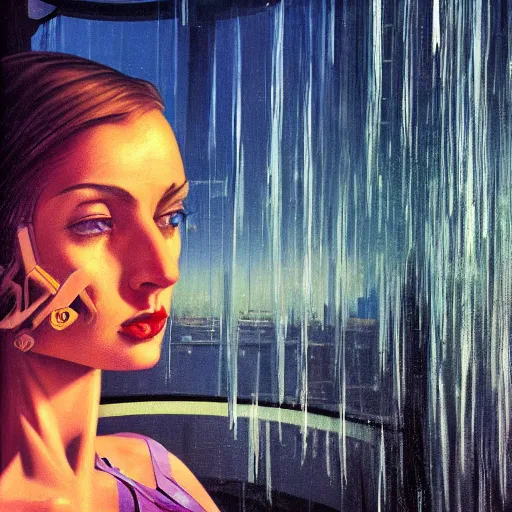 Image similar to detailed face of a woman, clockwork, moment, tectonic sky, skydome, bullet train, turbines, utopian, tech noir, wet reflections, prism, atmospheric, ambient, pj crook, syd mead, livia prima, greg rutkowski, edward hopper