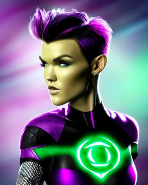 Prompt: photos of beautiful actress Ruby Rose with flawless skin and no tattoos colored as the purple skinned Green Lantern soranik natu as she soars thru outer space,Ruby Rose, photogenic, purple skin, short black pixie like hair, particle effects, photography, studio lighting, cinematic