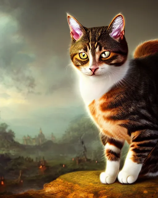 Image similar to a cat. a detailed portrait digital rococo painting of a beautiful cat wearing fantasy clothing. the cat has an, evil mood, hellish battlefield in the background, unreal engine, embers flying, hyper realism, realistic shading, cinematic composition, blender render, octane render, ultrawide shot