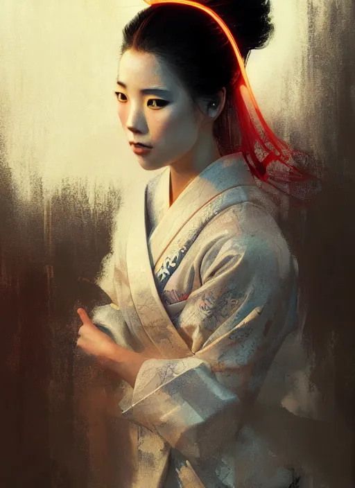 Image similar to female geisha girl, beautiful face, neon, rule of thirds, intricate outfit, spotlight, by greg rutkowski, by jeremy mann, digital painting