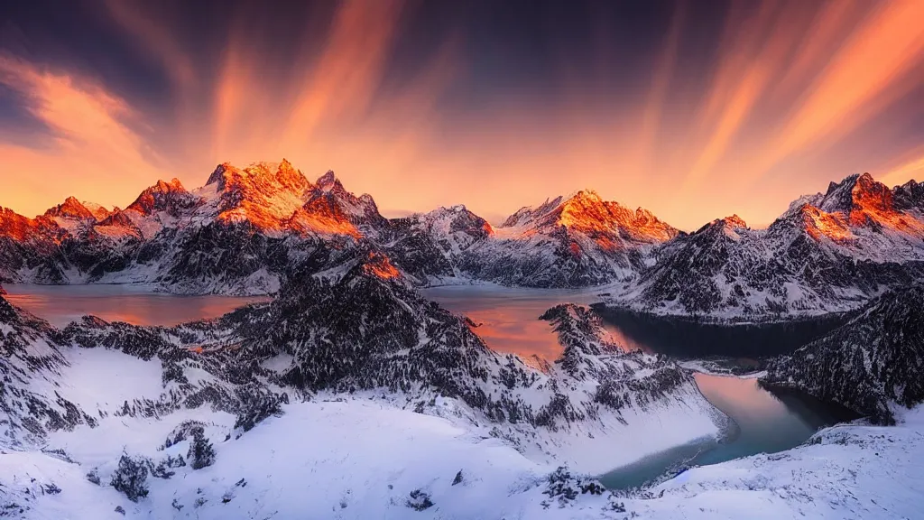 Prompt: amazing snowy landscape photo of mountains with lake in sunset by marc adamus, beautiful dramatic lighting