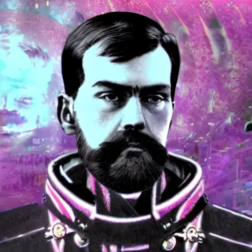 Prompt: Nicholas II of Russia, cyberpunk, synthwave, glitch, digital art, detailed, photo realistic