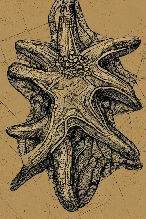 Prompt: portrait of hollow starfish, in the style of Greg Broadmore and Arthur Rackham,trending on artstation, light lighting side view,digital art,surrealism ,macro,blueprint ,vaporwave ,