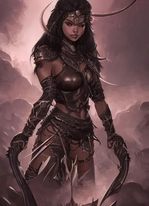 Image similar to beautiful warrior lady, black long hair, practical armor, brown skin, demonic eyes, low fantasy, extremely detailed, sharp focus, smooth, digital illustration, by rossdraws, frank franzzeta, sakimichan