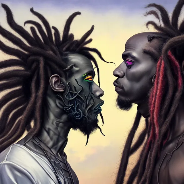Prompt: hyperrealistic hyper detailed neo - surreal 8 5 mm portrait of two black goth male wikiing's with dreadlocks matte painting concept art hannah yata dali very dramatic soft light low side angle shot hd 8 k sharp shallow depth of field
