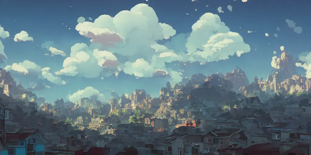 Image similar to a mountain city with lot's of clouds, detailed, cory loftis, james gilleard, atey ghailan, makoto shinkai, goro fujita, hyper realistic, cinematic landscape, atmospheric lighting