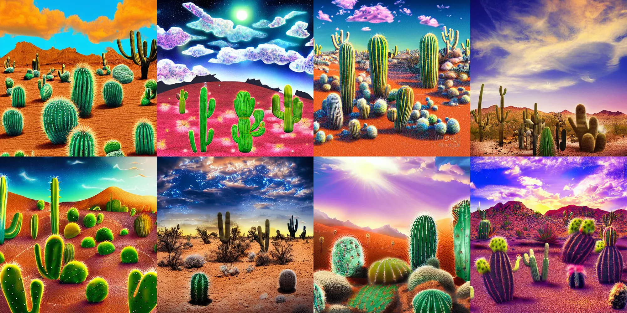 Prompt: a desert landscape with crystals shaped like cacti, gorgeous skies, professional digital art