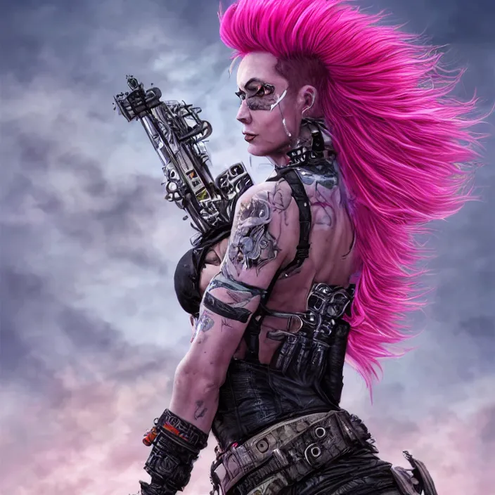 Image similar to beautiful apocalyptic woman with pink Mohawk, standing on mad max panzer tank, epic, smooth, sharp focus, 4k ultra hd, fantasy dark art, tank girl, artgerm, artstation, octane render, elegant, detailed digital painting