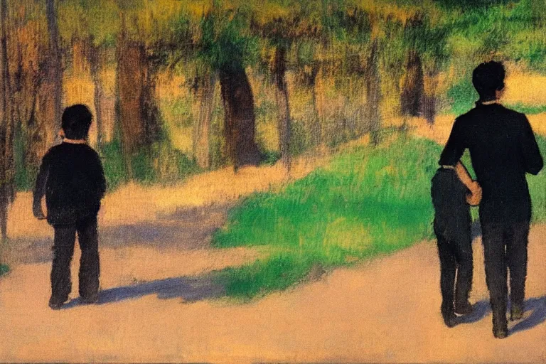 Image similar to a man with dark hair holding the hands of a young boy with dark hair as they walk down a suburban highway on a bright beautiful colorful day. in the style of an edgar degas painting.