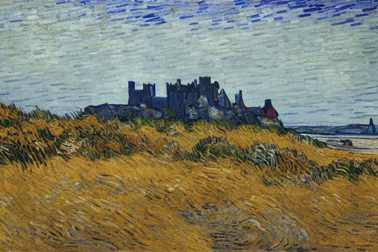 Image similar to landscape of bamburgh castle and beach painted by Vincent Van Gogh