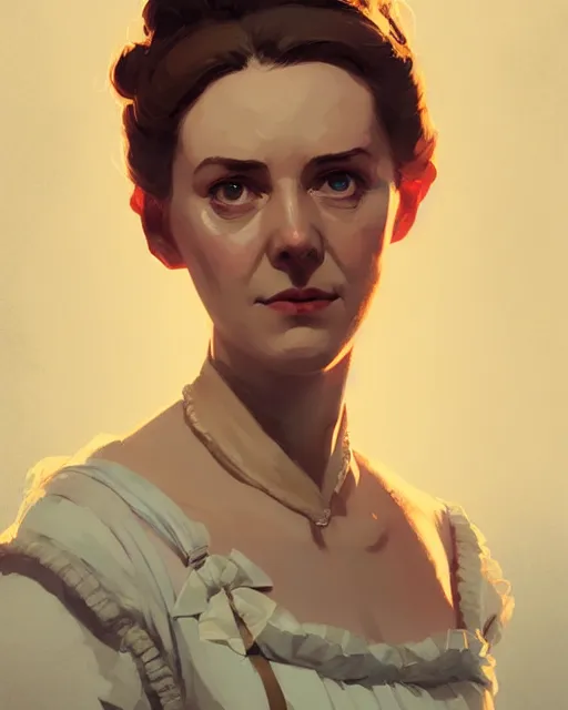 Image similar to hyper - realistic portrait of dolores abernathy as a jane austen character by atey ghailan, by greg rutkowski, by greg tocchini, by james gilleard, by joe fenton, by kaethe butcher, dynamic lighting, gradient light yellow, brown, blonde cream and white color scheme, grunge aesthetic